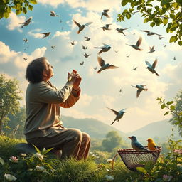 A serene landscape showcasing a person playing a flute with enchanting music notes floating in the air, surrounded by various birds drawn towards the melodious sound