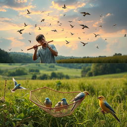 A serene landscape showcasing a person playing a flute with enchanting music notes floating in the air, surrounded by various birds drawn towards the melodious sound