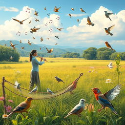 A serene landscape showcasing a person playing a flute with enchanting music notes floating in the air, surrounded by various birds drawn towards the melodious sound