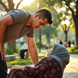 A tall, young man with a smooth complexion, appearing concerned, leans over to assist an elderly woman wearing a traditional hijab, who seems to have fainted on the ground amidst a scenic park setting