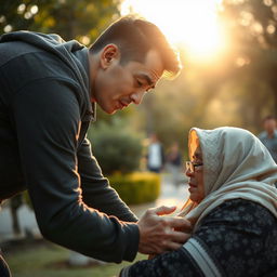 A tall, young man with a smooth complexion, appearing concerned, leans over to assist an elderly woman wearing a traditional hijab, who seems to have fainted on the ground amidst a scenic park setting