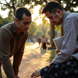 A tall, young man with a smooth complexion, appearing concerned, leans over to assist an elderly woman wearing a traditional hijab, who seems to have fainted on the ground amidst a scenic park setting