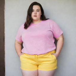 A plus-size girl with white skin, wearing a pink t-shirt and yellow shorts.