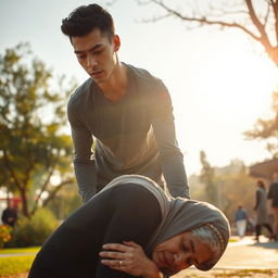 A tall, young man with a smooth complexion, appearing concerned, leans over to assist an elderly woman wearing a traditional hijab, who seems to have fainted on the ground amidst a scenic park setting