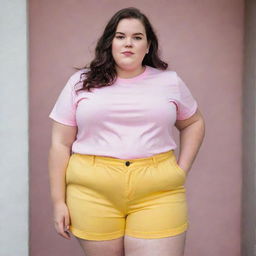 A plus-size girl with white skin, wearing a pink t-shirt and yellow shorts.