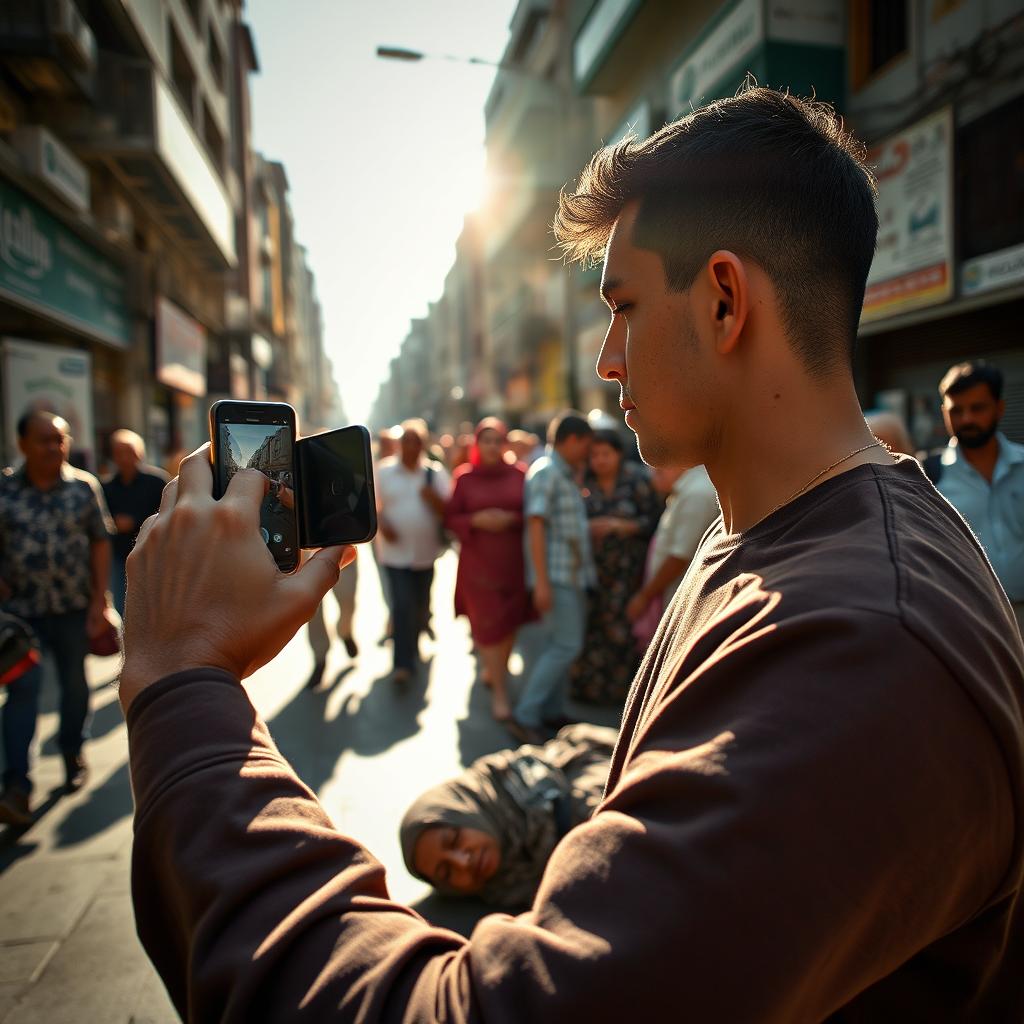 A tall, young man with a smooth complexion, holding a smartphone as he films an elderly woman wearing a traditional hijab who seems to have fainted on the ground