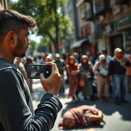 A tall, young man with a smooth complexion, holding a smartphone as he films an elderly woman wearing a traditional hijab who seems to have fainted on the ground