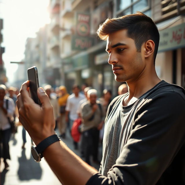 A tall, young man with a smooth complexion, holding a smartphone as he films an elderly woman wearing a traditional hijab who seems to have fainted on the ground