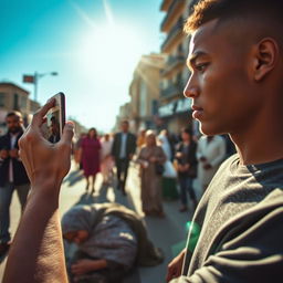 A tall, young man with a smooth complexion, holding a smartphone as he films an elderly woman wearing a traditional hijab who seems to have fainted on the ground