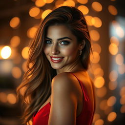 A captivating portrait of a confident woman with alluring eyes and an inviting smile