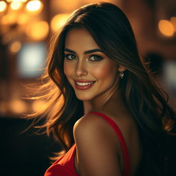 A captivating portrait of a confident woman with alluring eyes and an inviting smile