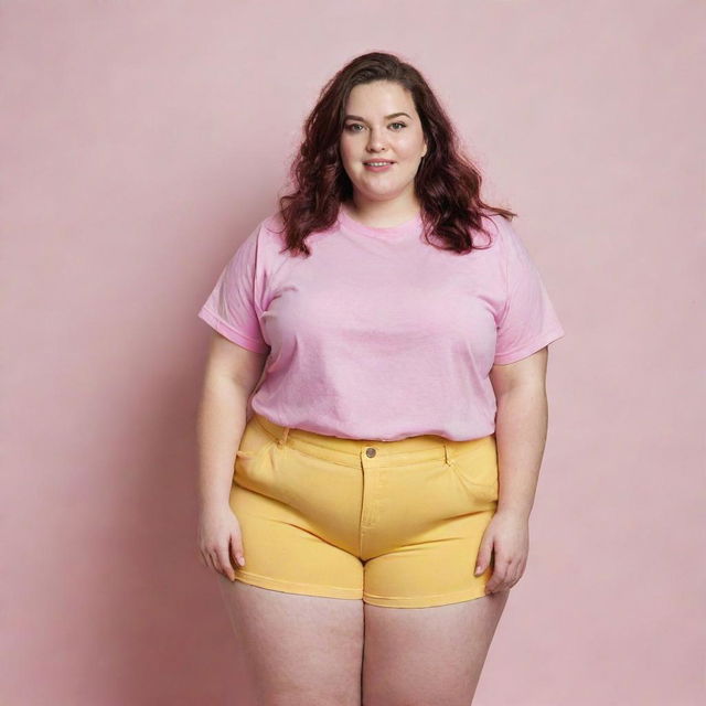 A plus-size girl with white skin, wearing a pink t-shirt and yellow shorts.