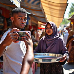 A tall, young man with a smooth complexion is taking a photo with his smartphone of a woman wearing a traditional hijab