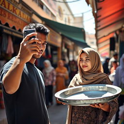 A tall, young man with a smooth complexion is taking a photo with his smartphone of a woman wearing a traditional hijab