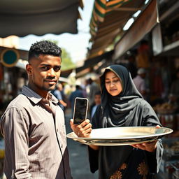 A tall, young man with a smooth complexion is taking a photo with his smartphone of a woman wearing a traditional hijab