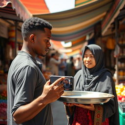 A tall, young man with a smooth complexion is taking a photo with his smartphone of a woman wearing a traditional hijab