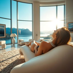 A woman is lying on a futuristic sofa in a spacious living room, viewed from behind with focus on her neck, which features a beautiful necklace reflecting sunlight