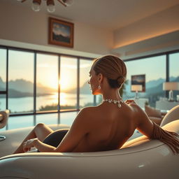 A woman is lying on a futuristic sofa in a spacious living room, viewed from behind with focus on her neck, which features a beautiful necklace reflecting sunlight