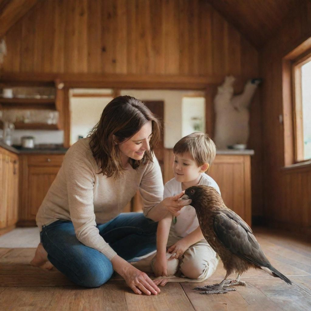 Inside a warm wooden house, a brown-haired mother and her son are seen sharing a special moment with a large, friendly bird that they have taken under their care.