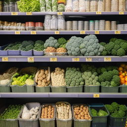 A well-stocked grocery unit filled with fresh produce, canned goods and consumable items, arranged neatly on shelves