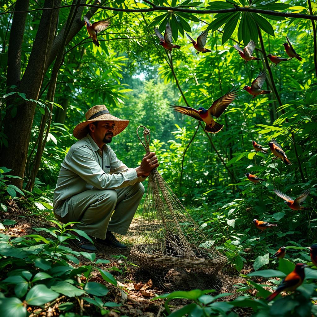 A patient trapper, crouched by a net, waits intently