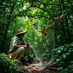 A patient trapper, crouched by a net, waits intently