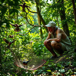 A patient trapper, crouched by a net, waits intently