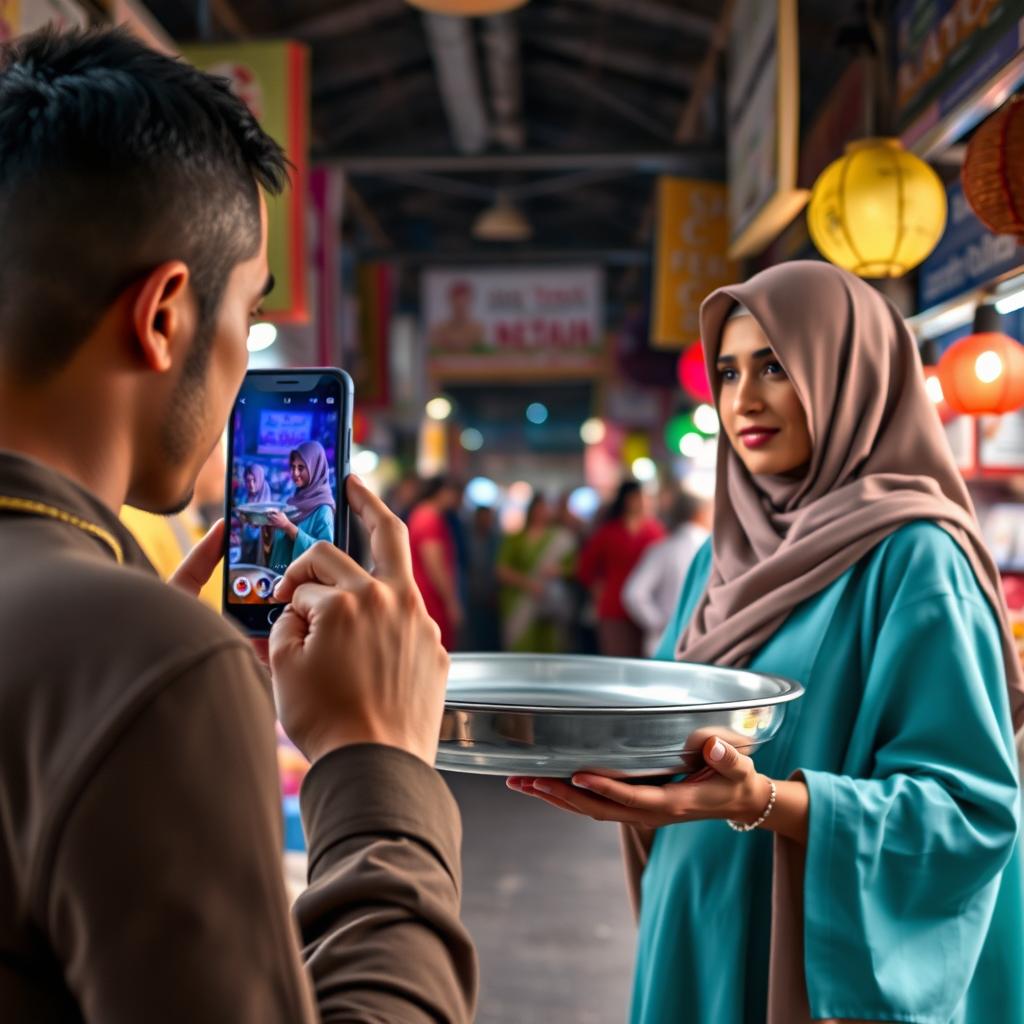 A tall, young man with a smooth complexion is taking a picture with his smartphone of a woman wearing a traditional hijab