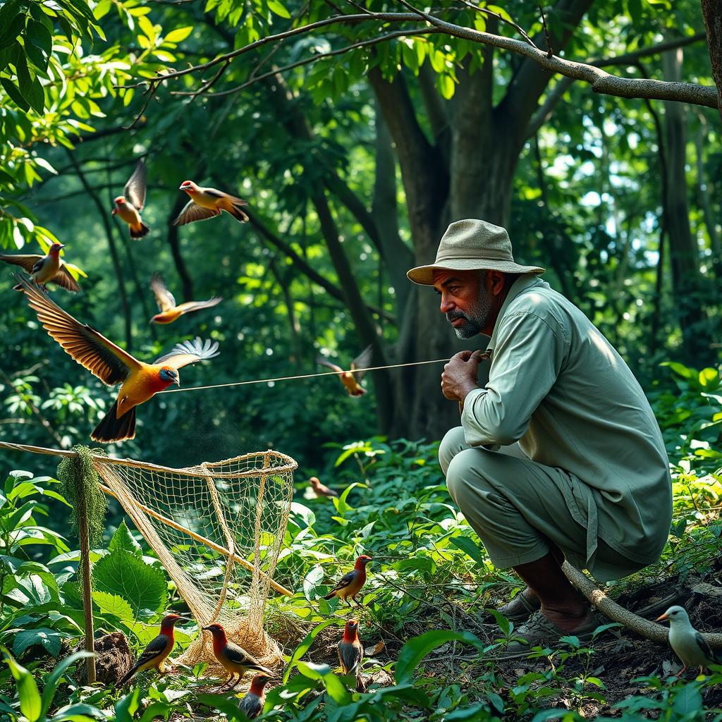 A patient trapper, crouched by a net, waits intently