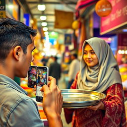 A tall, young man with a smooth complexion is taking a picture with his smartphone of a woman wearing a traditional hijab