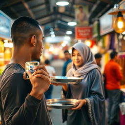 A tall, young man with a smooth complexion is taking a picture with his smartphone of a woman wearing a traditional hijab