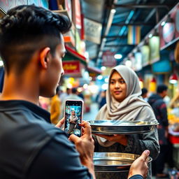 A tall, young man with a smooth complexion is taking a picture with his smartphone of a woman wearing a traditional hijab