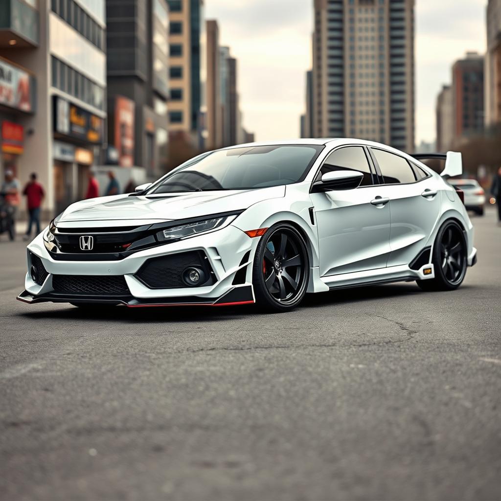 A white Honda Civic EG8 with a sleek, bulky body kit