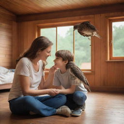 Inside a warm wooden house, a brown-haired mother and her son are seen sharing a special moment with a large, friendly bird that they have taken under their care.