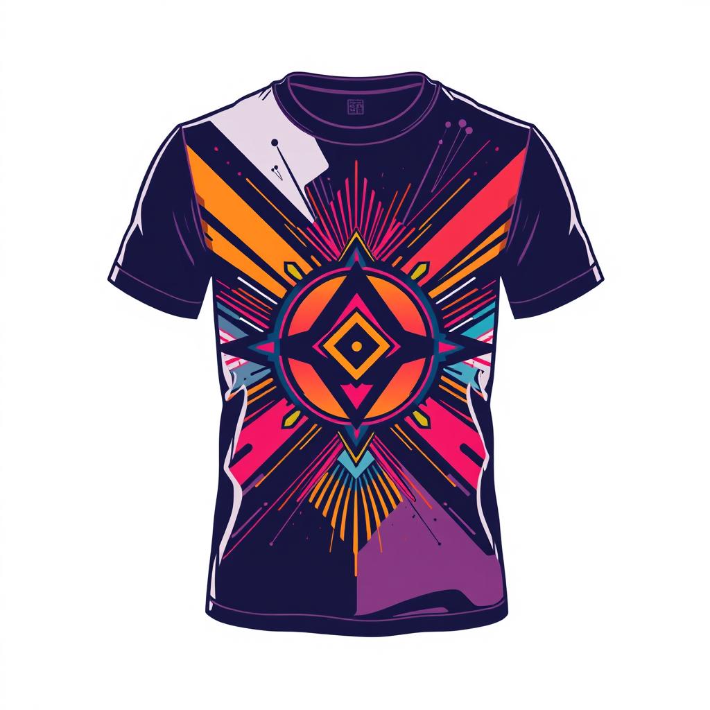 Modern and stylish T-shirt design, bold graphic print with geometric patterns and vibrant colors, incorporating abstract shapes and lines, trendy and fashionable look, ideal for a young, urban audience, featuring a cool logo design