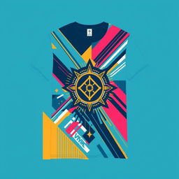 Modern and stylish T-shirt design, bold graphic print with geometric patterns and vibrant colors, incorporating abstract shapes and lines, trendy and fashionable look, ideal for a young, urban audience, featuring a cool logo design