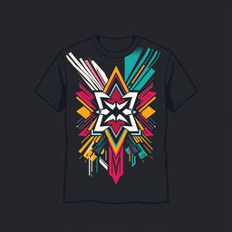 Modern and stylish T-shirt design, bold graphic print with geometric patterns and vibrant colors, incorporating abstract shapes and lines, trendy and fashionable look, ideal for a young, urban audience, featuring a cool logo design