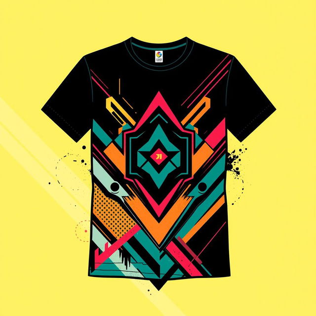 Modern and stylish T-shirt design, bold graphic print with geometric patterns and vibrant colors, incorporating abstract shapes and lines, trendy and fashionable look, ideal for a young, urban audience, featuring a cool logo design