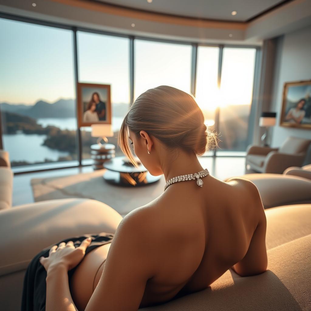 A woman is lying on a futuristic sofa in a spacious living room, viewed from behind focusing on her neck