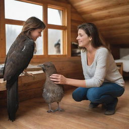 Inside a warm wooden house, a brown-haired mother and her son are seen sharing a special moment with a large, friendly bird that they have taken under their care.