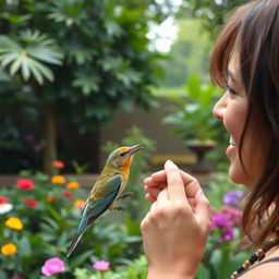 A person feeding a beautiful bird while listening to its sweet, melodious chirping in a serene and lush garden