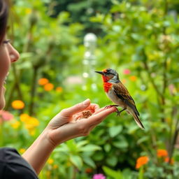 A person feeding a beautiful bird while listening to its sweet, melodious chirping in a serene and lush garden