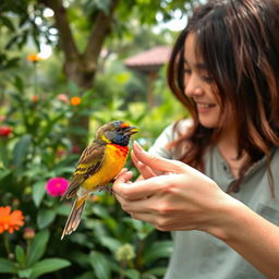 A person feeding a beautiful bird while listening to its sweet, melodious chirping in a serene and lush garden