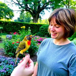 A person feeding a beautiful bird while listening to its sweet, melodious chirping in a serene and lush garden