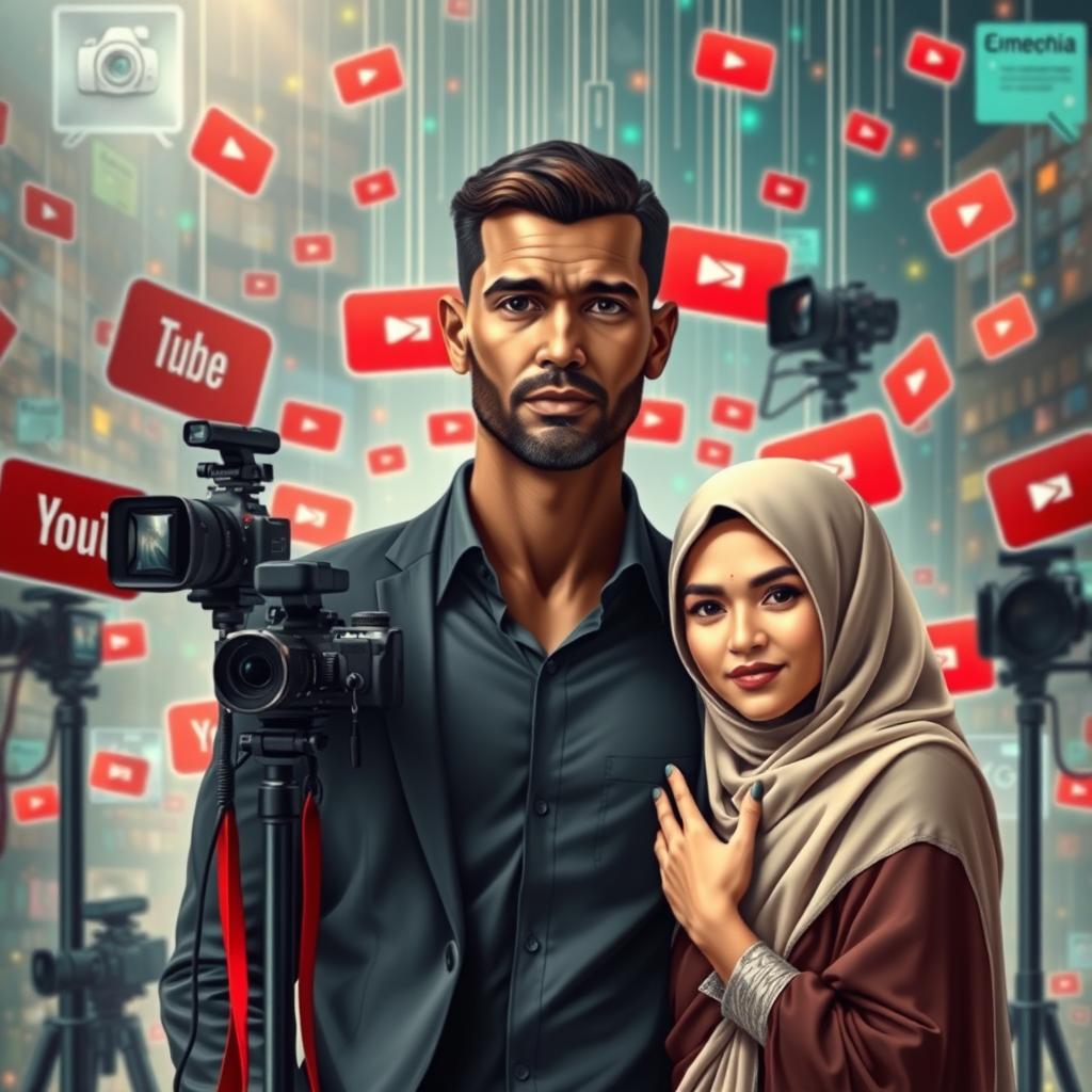 A professional novel cover depicting a tall, thin man with brown skin, surrounded by cameras and recognizable YouTube signs