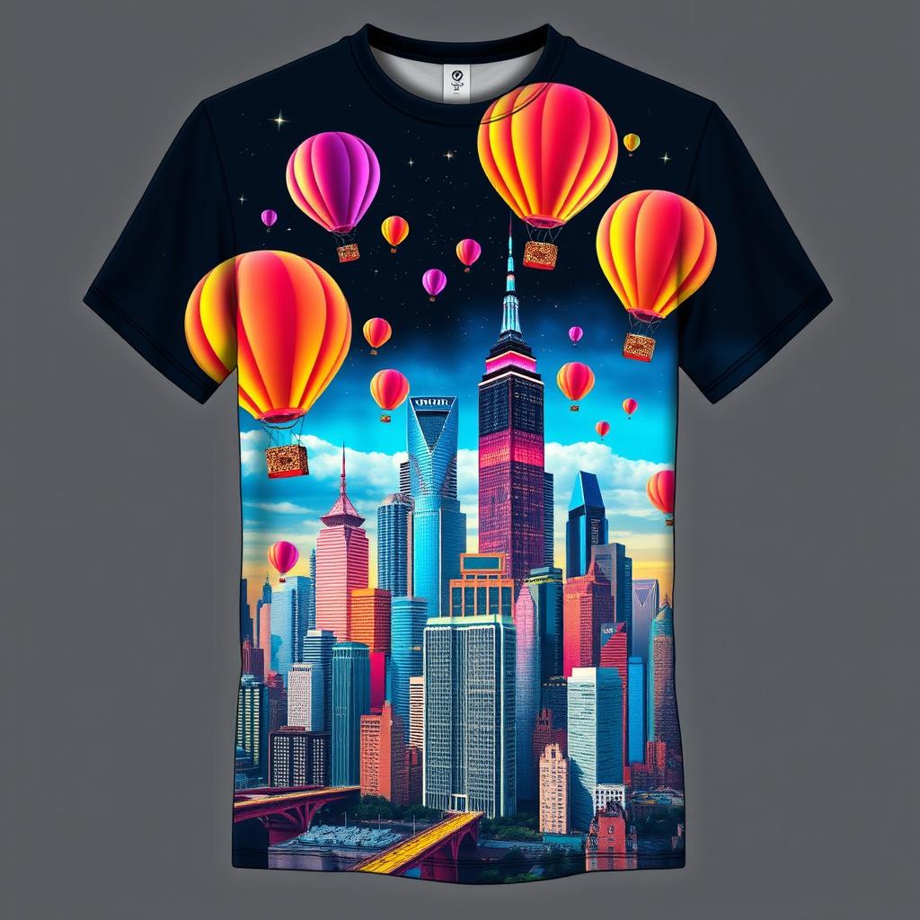 Trendy T-shirt showcasing a vibrant and eye-catching design, featuring a unique artwork of a surreal cityscape with colorful skyscrapers and floating balloons, set against a night sky