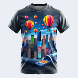 Trendy T-shirt showcasing a vibrant and eye-catching design, featuring a unique artwork of a surreal cityscape with colorful skyscrapers and floating balloons, set against a night sky