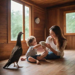 Inside a warm wooden house, a brown-haired mother and her son are seen sharing a special moment with a large, friendly bird that they have taken under their care.