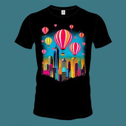 Trendy T-shirt showcasing a vibrant and eye-catching design, featuring a unique artwork of a surreal cityscape with colorful skyscrapers and floating balloons, set against a night sky