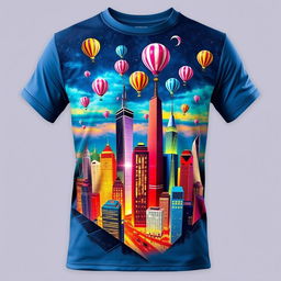 Trendy T-shirt showcasing a vibrant and eye-catching design, featuring a unique artwork of a surreal cityscape with colorful skyscrapers and floating balloons, set against a night sky